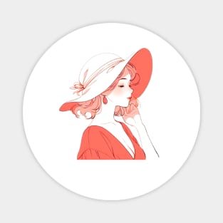 Minimalist line art pretty girl in red Magnet